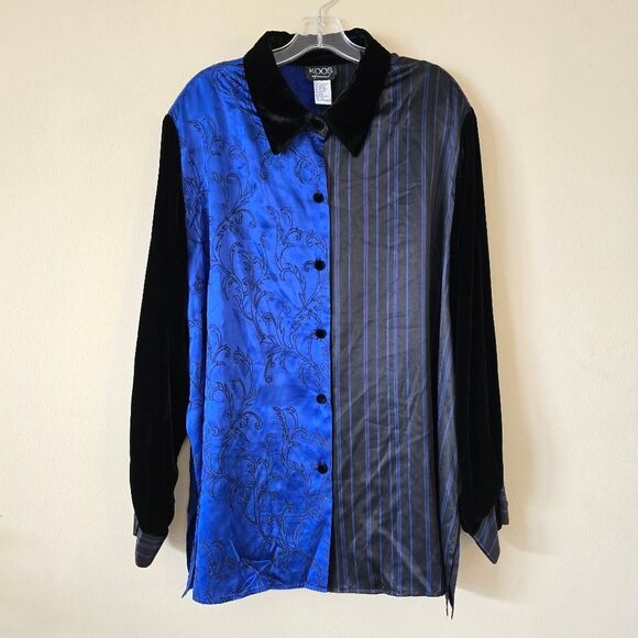 KOOS Of Course Blue and Black Patterned Button-Up Shirt Size 2X 100% Silk - Picture 2 of 9